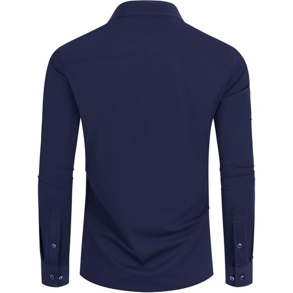 Men Navy Long Sleeve Slim Muscle Fit Wrinkle Free Button Down Dress Shirts - Picture 9 of 9
